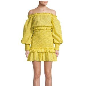 Alexis Marilena Mini Dress Smocked Polka Dot Off The Shoulder Yellow Size Medium